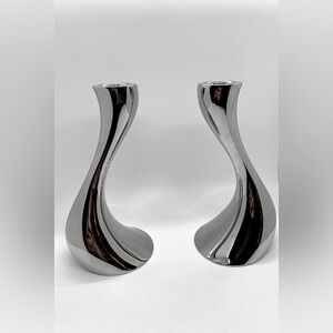 Vtg Gorg Jensen Denmark ‘ Cobra ‘ Stainless Steel Candle Holders / 6.5” Tall